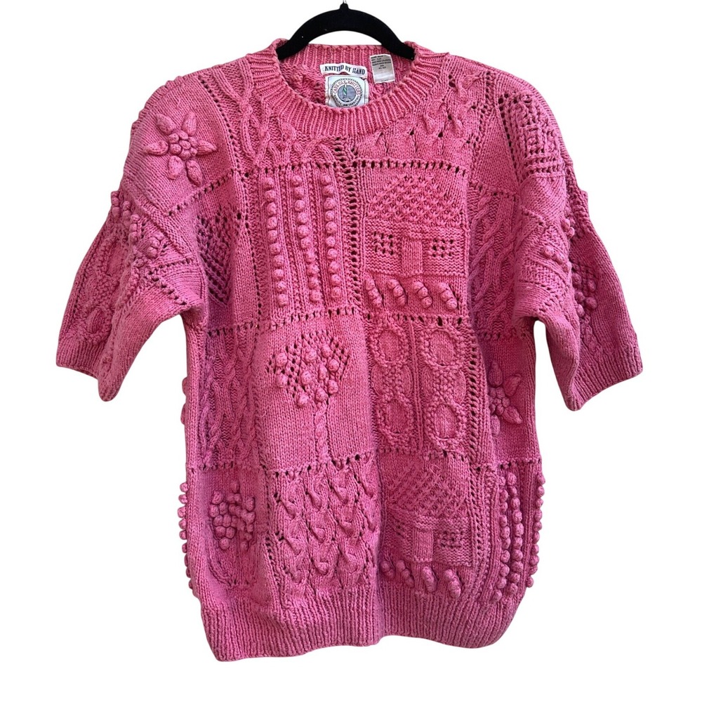Cape Isle Knitters Short Sleeve Sweater Womens S Pink Hand Popcorn Knit Ramie